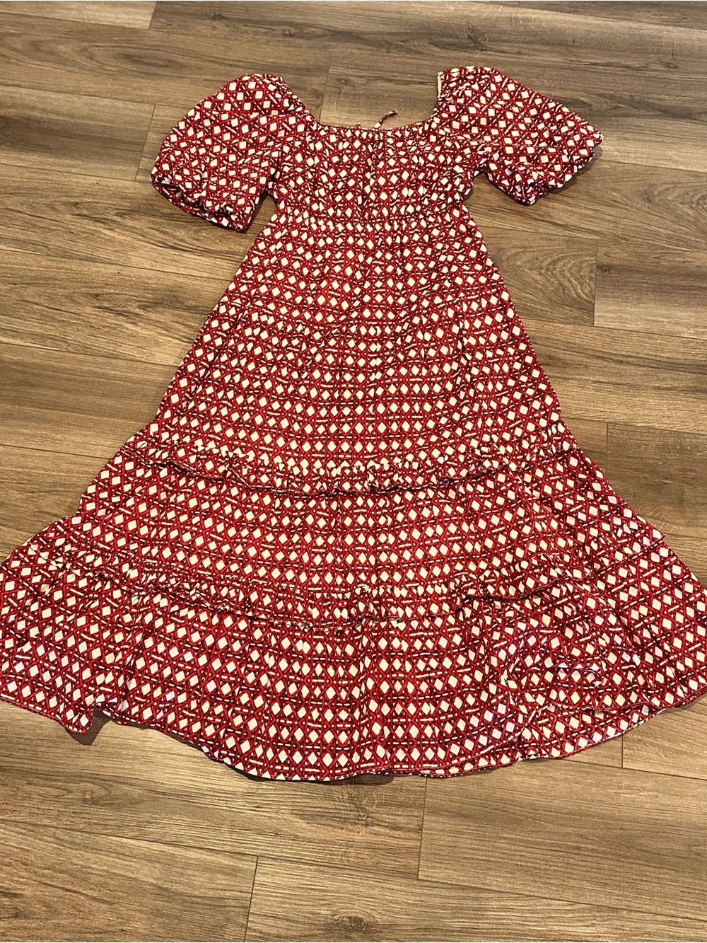 New! A Loves A Tie Waist Red Printed V-Neck Tiered Maxi Dress - Picture 7 of 9